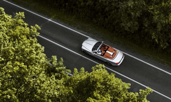 A Rolls Royce convertable cruises through a woodland road