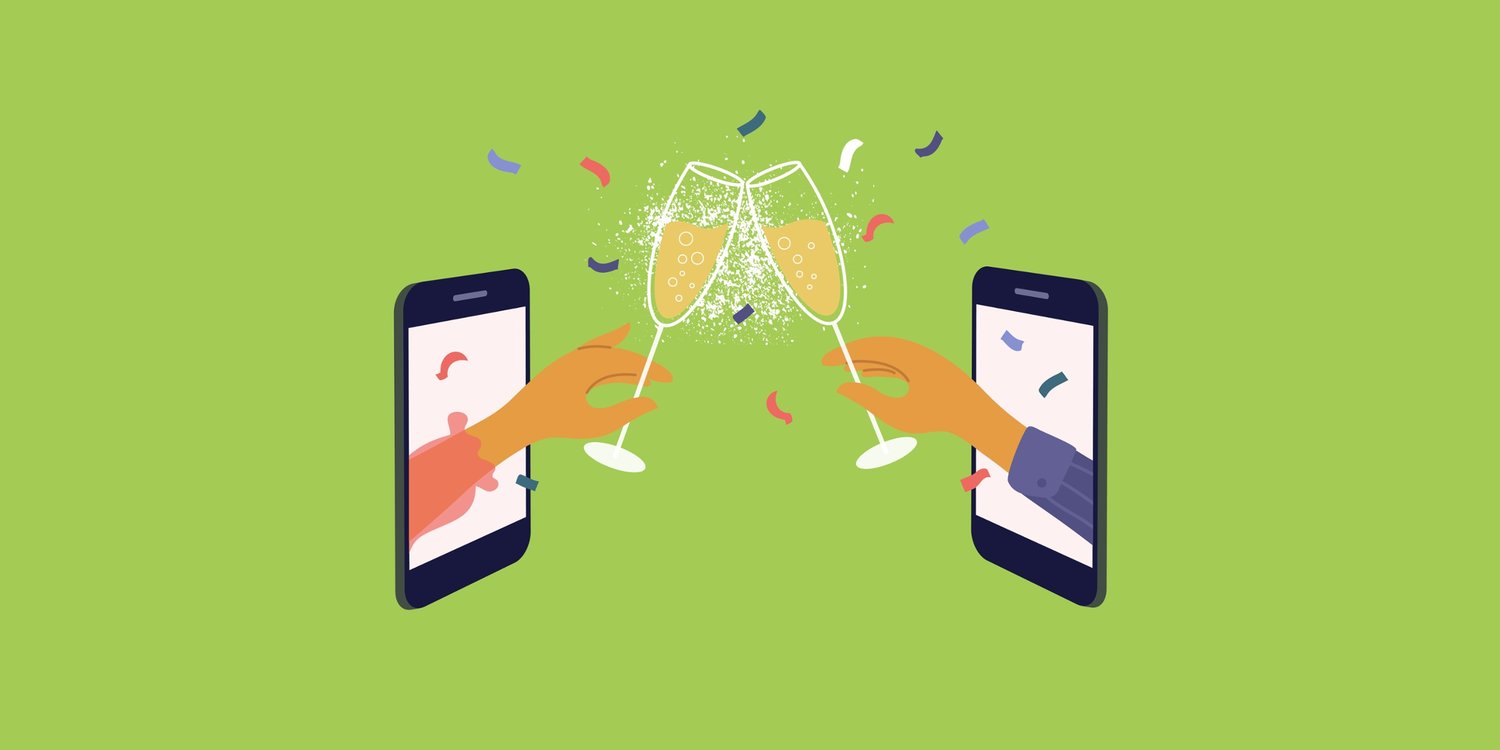 Illustration of two hands coming out of mobile phones and raising champagne glasses 