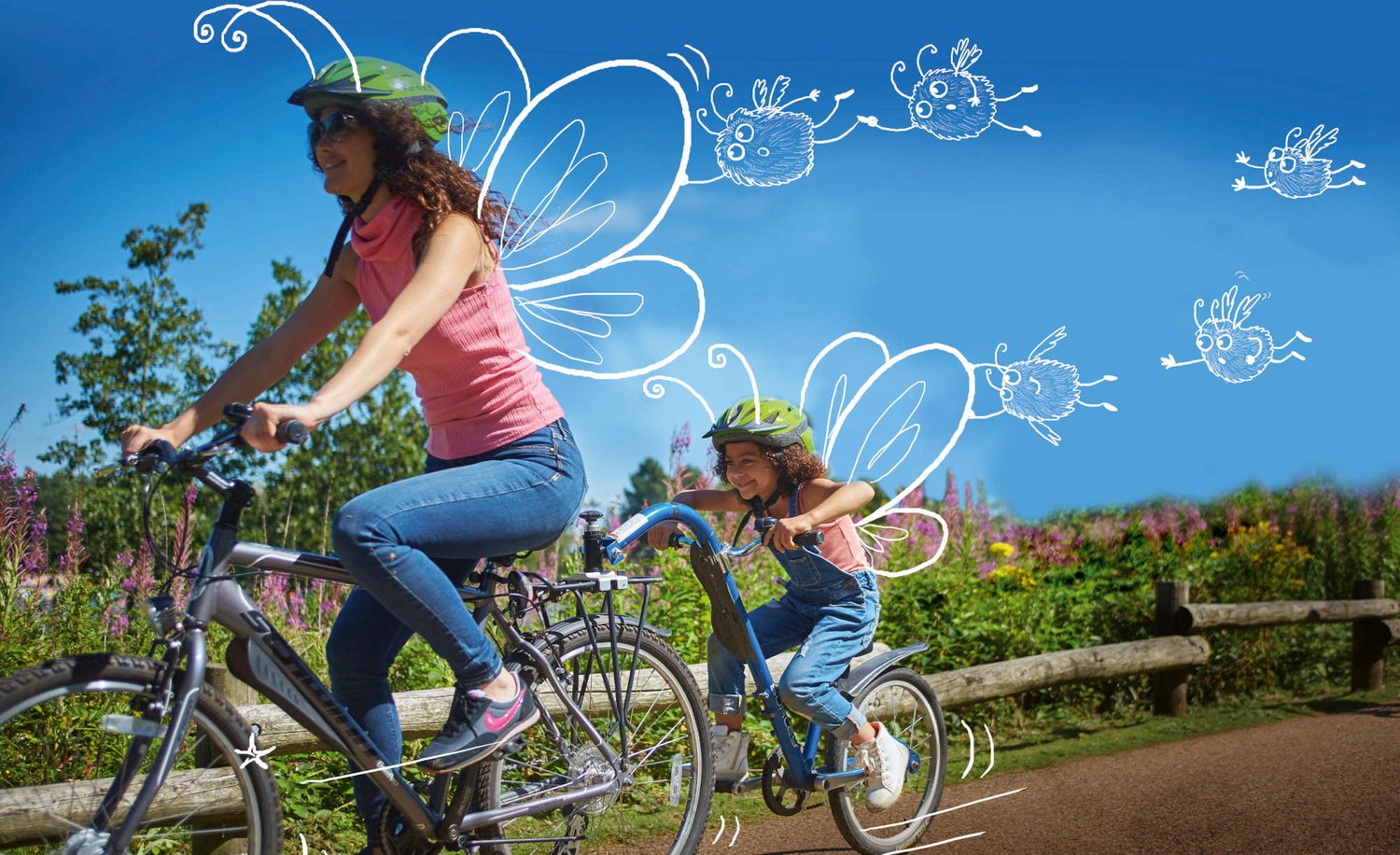 A woman and child riding bikes.