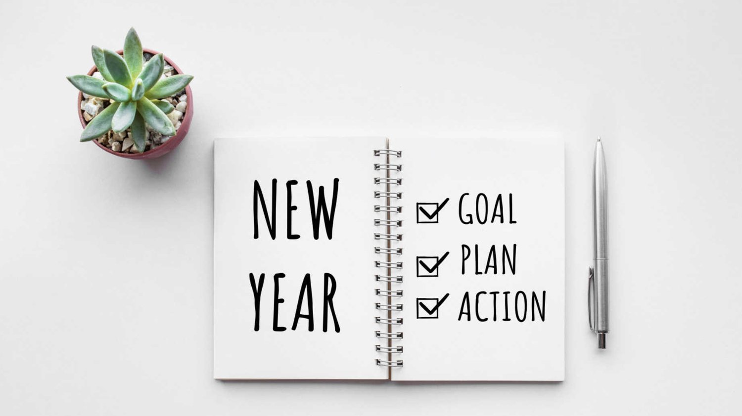 Open notebook with New Year goals