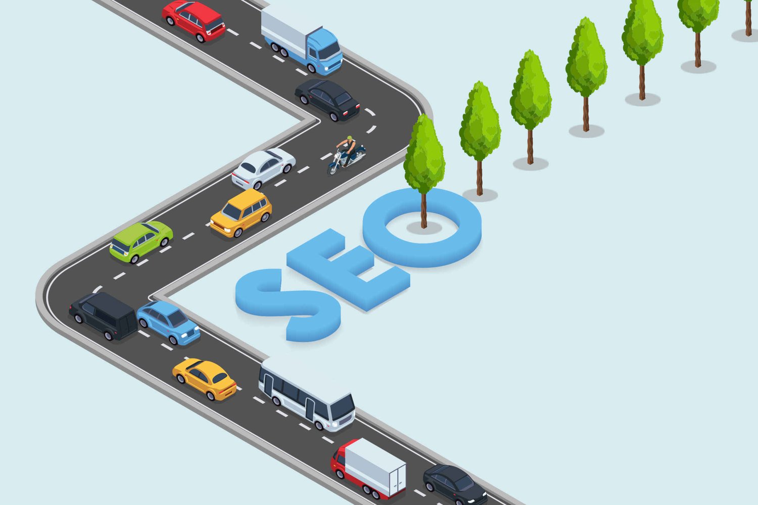 Illustration of cars and lorries driving around the letters SEO 