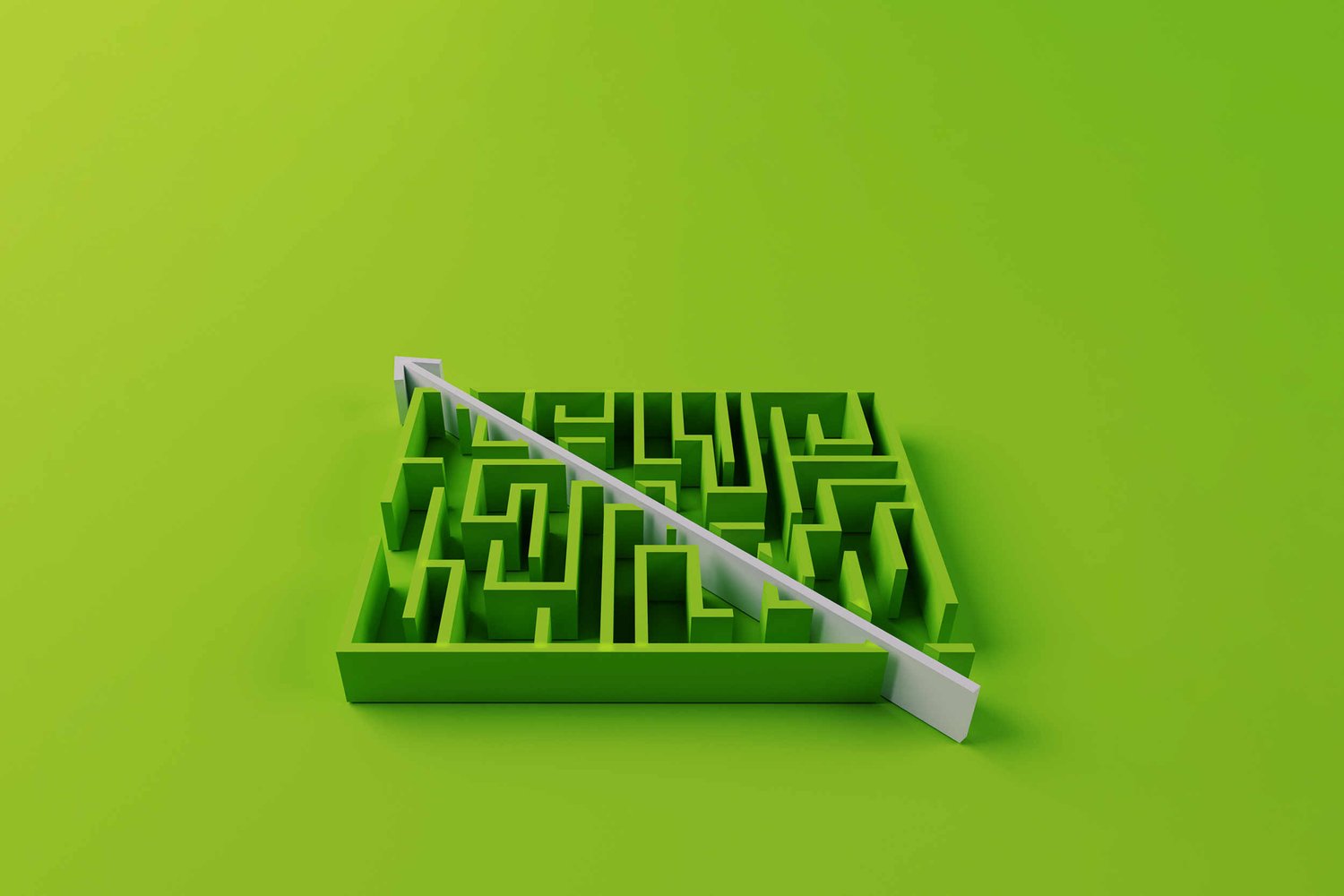 Bright green 3d image of a maze with an arrow going through it 