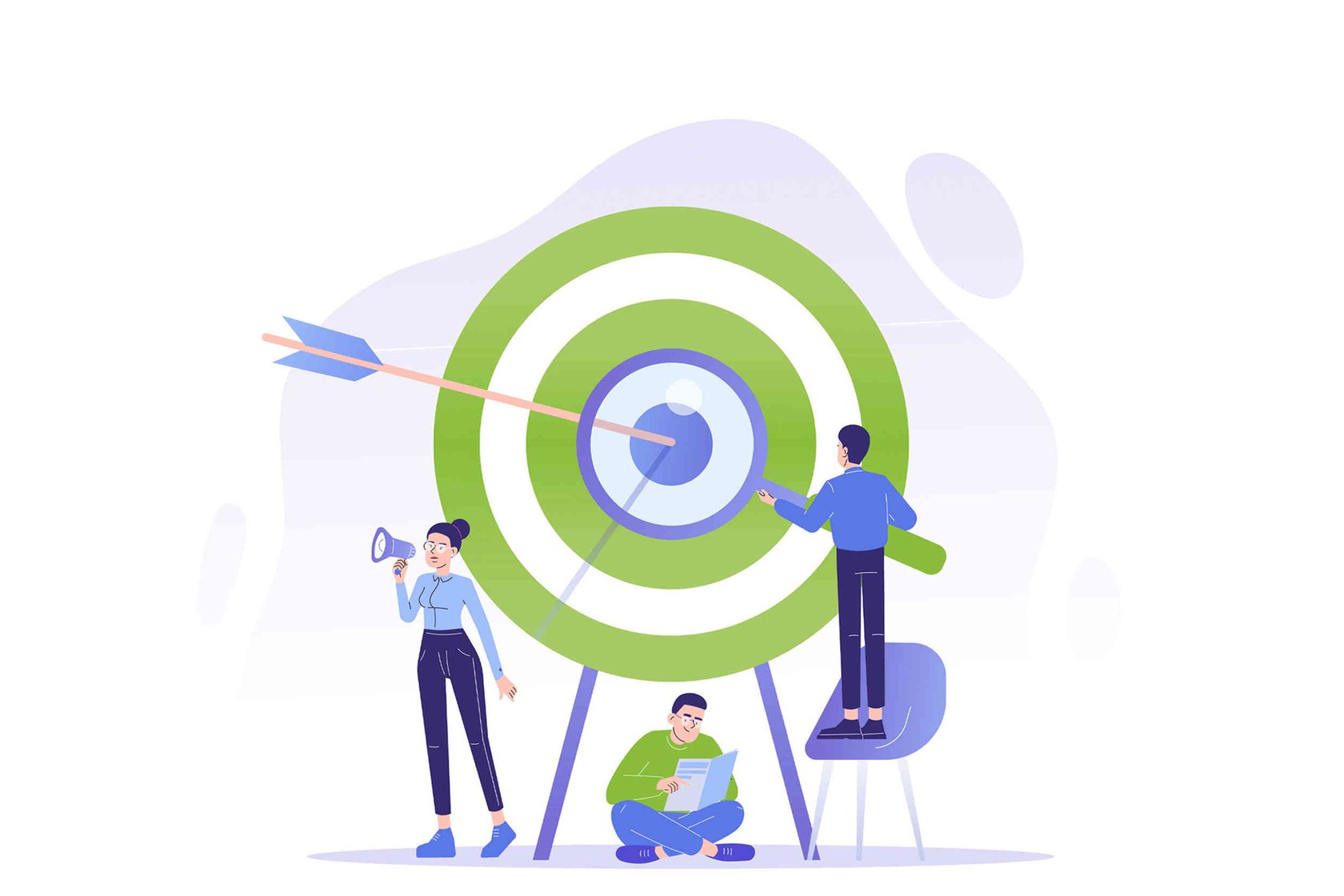 Three people using different media tools around a target with an arrow at its centre, signifying the value of targeted advertising in membership magazines.