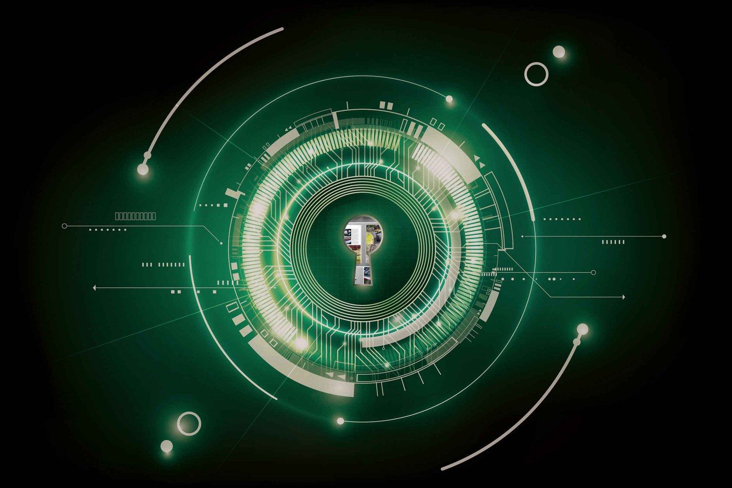 Illustration of green digital concentric circles with a keyhole at the centre