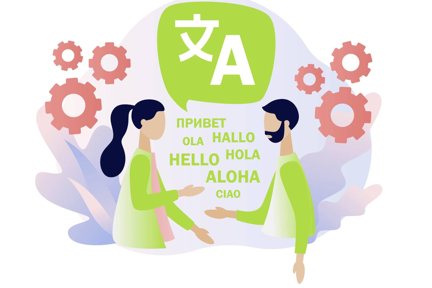 Illustration of a woman and man using various languages to communicate