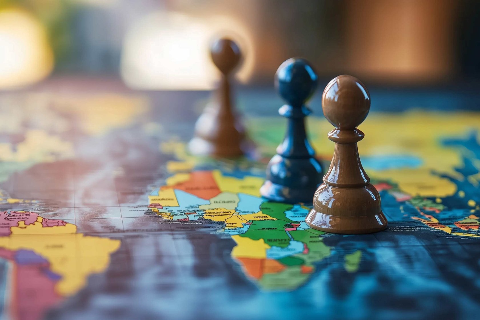 A chess board with 3 pawn pieces on a world map.