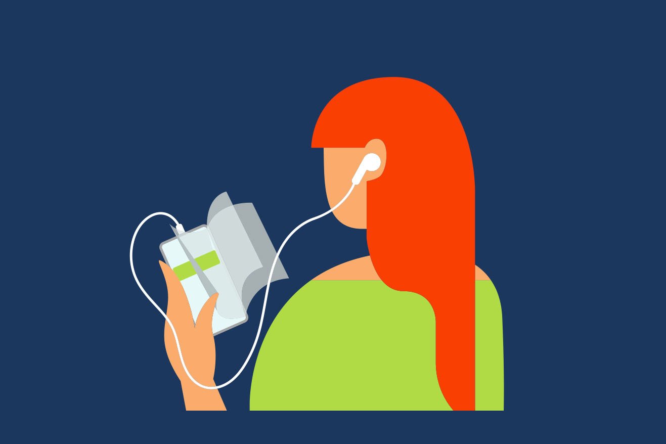 Illustration of red-headed woman reading a digital magazine on her smartphone. 