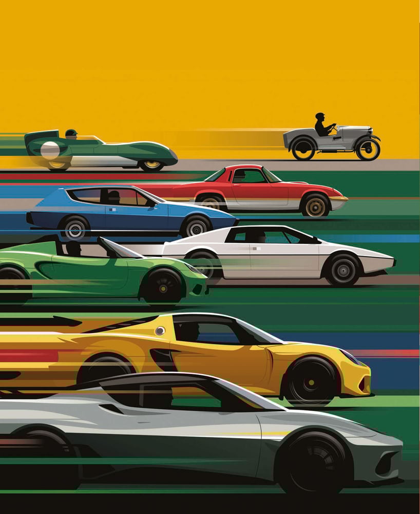 A picture of several Lotus cars racing.