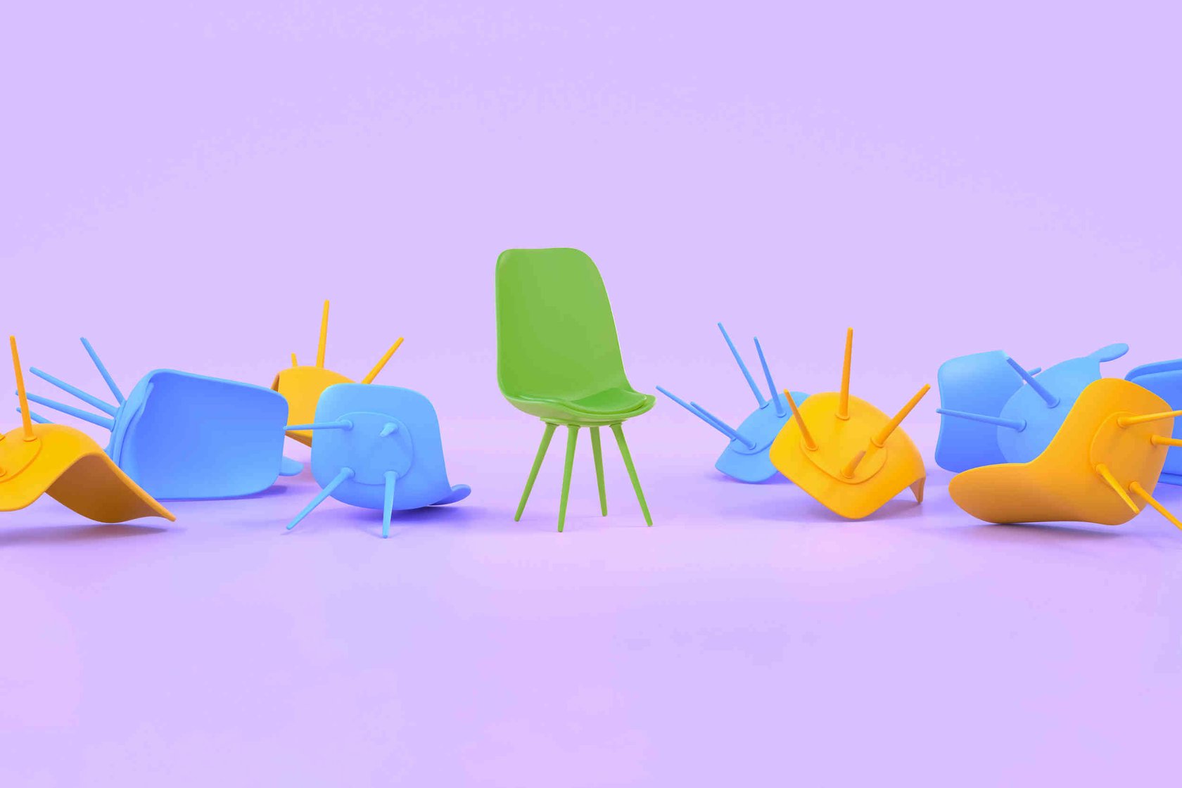 Green chair standing up amongst a number of other chairs that have been knocked over on a lilac background 