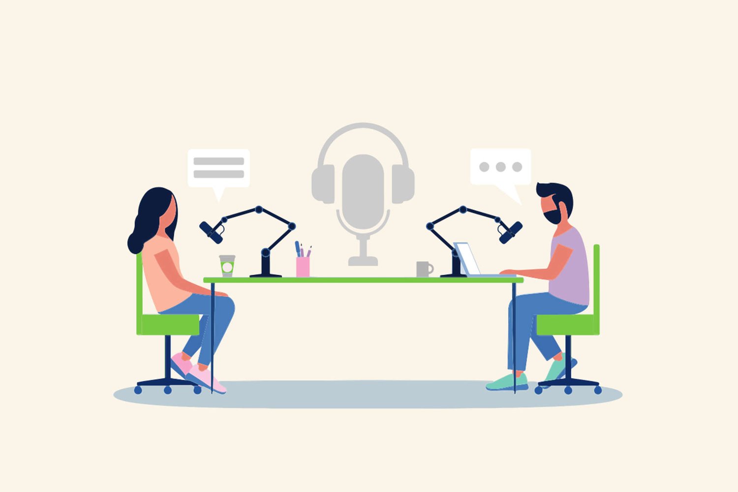 Illustration of two people seated at a desk creating a podcast