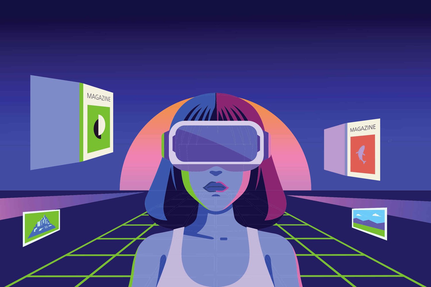 Illustration of woman wearing virtual reality goggles to read magazines