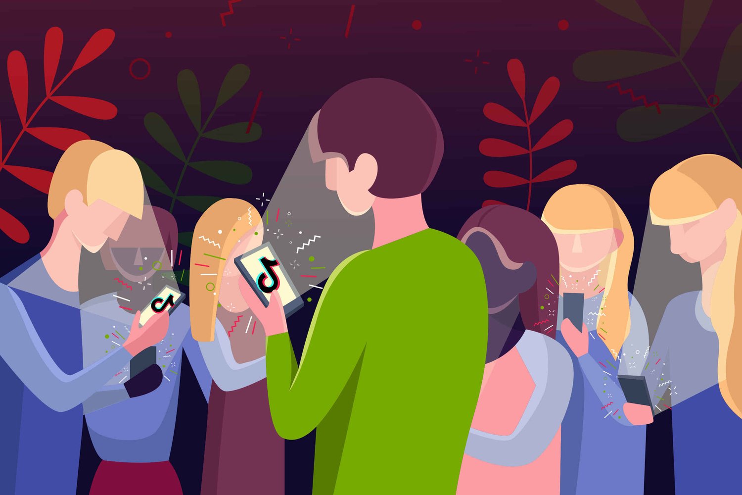 Illustration of a group of people looking at their mobile phones with a TikTok logo on them.